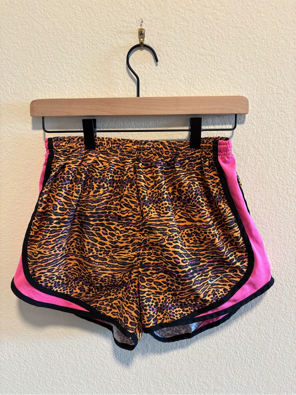 Nike Women's Pink and Orange Leopard-Print Athletic Running Mini Shorts